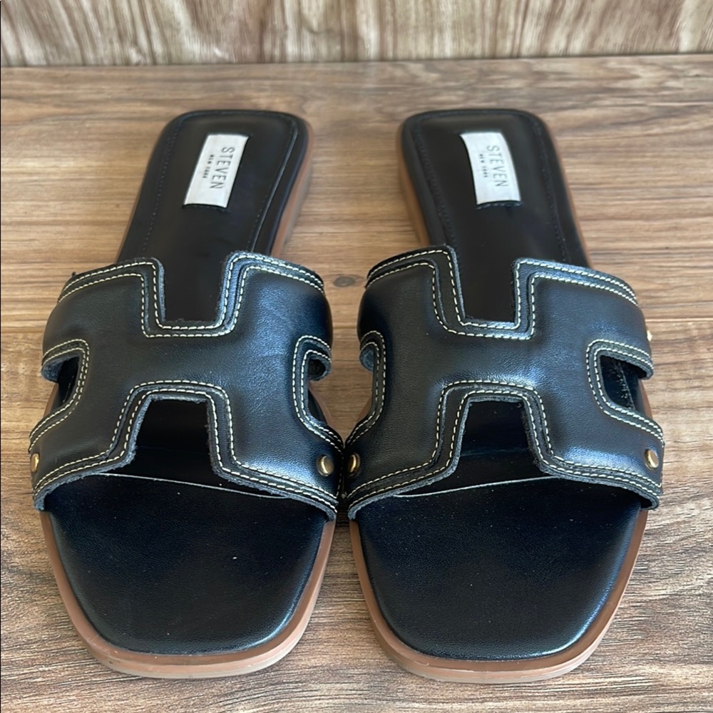 Pre-owned Steven New York Harlien Slide Sandal Open Toe Women's Black Size 10